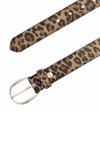 Leopard print belt made of soft material. Features a silver metal double-prong buckle and several holes for size adjustments.