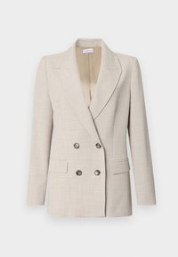 Beige dobbeltradet blazer med krage, to frontlommer og sølvfargede knapper. Teksturert stoff med et subtilt mønster.