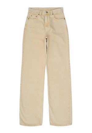 Beige levelet jeansit, jotka on valmistettu denimistä ja joissa on viisi taskua, ommeltuja yksityiskohtia sekä napitus vyötäröllä. Litteä etuosa, suorat lahkeet.