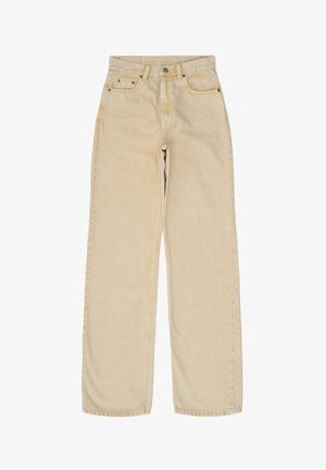 Beige vida jeans i denim med fem fickor, sömnadsdetaljer och knäppning i midjan. Slät front, raka ben.