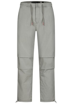 Helles graue Cargo-Hosen aus Baumwollmischung, mit einem elastischen Bund und Kordelzug, Reißverschluss und verstellbaren Bündchen mit Stoppern.