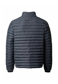 Mørk grå dunjakke med kviltet design og horisontale linjer, høy krage og elastiske mansjetter. Glatt, blank tekstur.