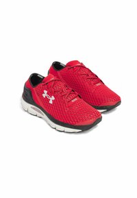 Red athletic shoes with mesh upper, black accents, and white sole. Features padded collar and lace-up front. Lightweight and breathable design.