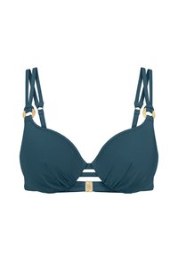 Turkusowy bikini top z wyjmowanymi wkładkami, regulowanymi ramiączkami i zapięciem w kolorze złota. Posiada poziome paski poniżej miseczek oraz teksturowane krawędzie.