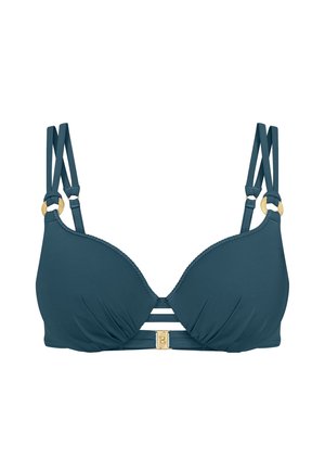 Turkusowy bikini top z wyjmowanymi wkładkami, regulowanymi ramiączkami i zapięciem w kolorze złota. Posiada poziome paski poniżej miseczek oraz teksturowane krawędzie.