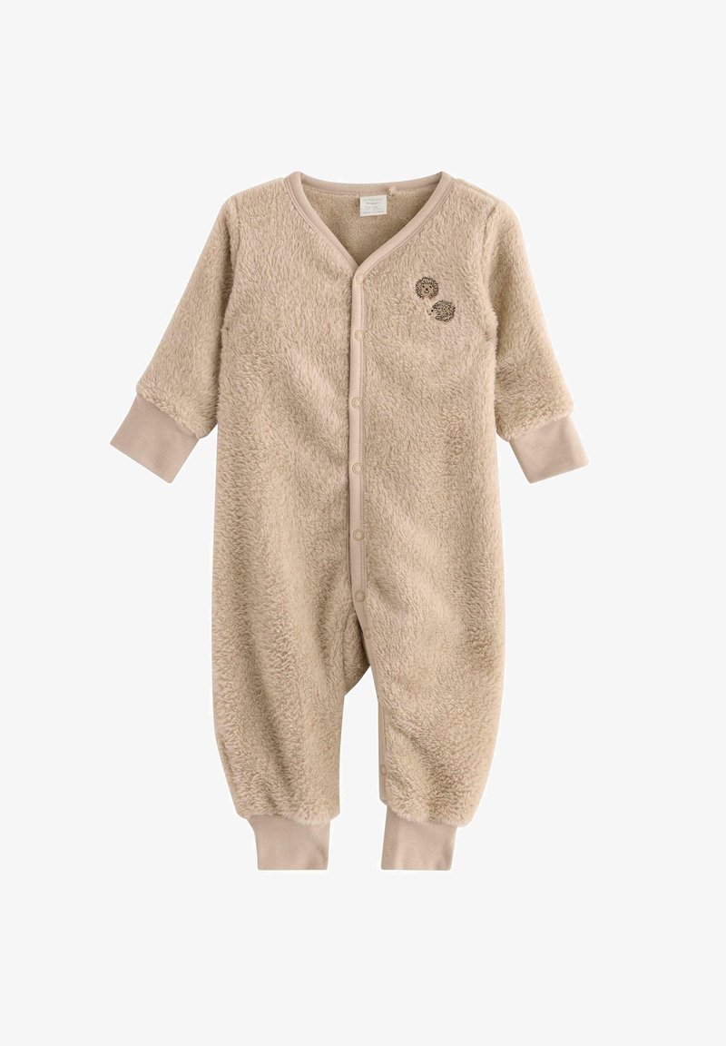 Beige fleece rompertje met lange mouwen, drukknoopjes en geribde manchetten; heeft een klein gedrukt ontwerp van eenheid op de borst.