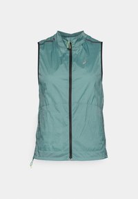 Ärmellose Weste in Blaugrün aus leichtem, strukturiertem Stoff. Verfügt über einen Reißverschluss vorne, reflektierende Akzente und einen hohen Kragen.