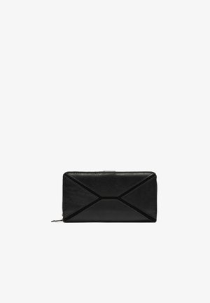 Black leather zip-around wallet with geometric stitching pattern on front and silver zipper pull on white background.