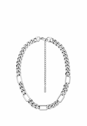 Collana in argento con un mix di anelli ovali e rettangolari. Lunghezza regolabile con un piccolo dettaglio a forma di etichetta sulla catena.