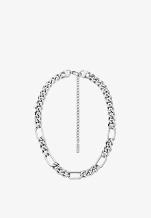 Collana in argento con un mix di anelli ovali e rettangolari. Lunghezza regolabile con un piccolo dettaglio a forma di etichetta sulla catena.