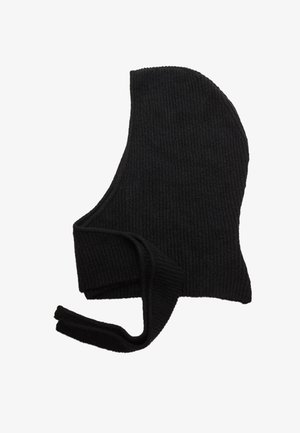 Strikket balaclava i sort med ribbet tekstur, designet til at dække hovedet og nakken, med lange bånd til sikker fastgørelse.