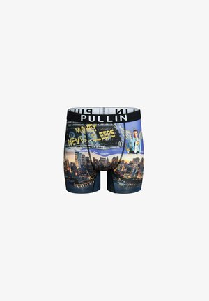 Boxer hommes en tissu extensible avec un motif de ligne d'horizon de ville et des billets de banque, avec une ceinture noire portant l'inscription "PULLIN".