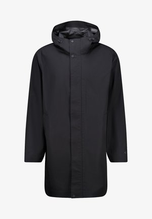 Musta vedenpitävä sadetakki hupulla, nappisuljenta, sivutaskut ja suora leikkaus. Sileä rakenne ja kevyt materiaali.