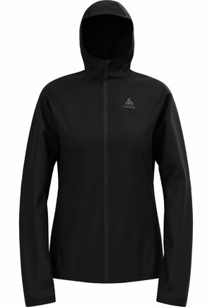 Schwarze leichte Kapuzenjacke mit vollem Reißverschluss, glatter Textur und einem dezenten Logo auf der Brust. Geeignet für Outdoor-Aktivitäten.