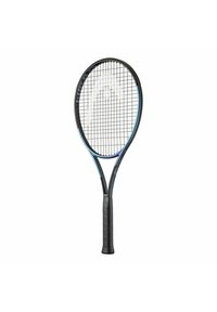 Black tennis racket with a teardrop-shaped head, blue accents, and a textured black grip. Features a woven string pattern.