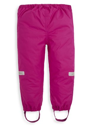 Pantalones impermeables rosas con cintura elástica y puños de tobillo ajustables. Cuenta con tiras reflectantes y asas de web para un ajuste seguro.