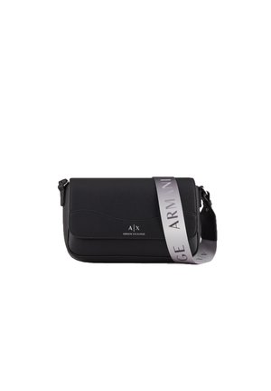 Black Armani Exchange crossbody bag with textured surface and wide gray strap featuring Armani Exchange branding.