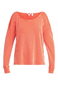 Pull-over à manches longues en corail vif avec une texture côtelée, un large col et des épaules tombantes. Matière douce avec des poignets ajustés.