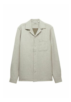 Light gray button-up shirt with a collar, single chest pocket, and long sleeves. Textured fabric with a subtle heather pattern.