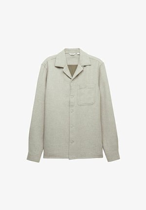 Light gray button-up shirt with a collar, single chest pocket, and long sleeves. Textured fabric with a subtle heather pattern.