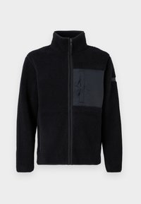 Black fleece jacket with a stand-up collar, zippered front, and left chest pocket in smooth material. Textured fabric with soft surface.