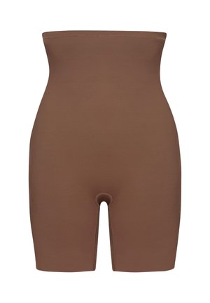Brune, sømløse højhalsede formende shorts lavet af strækbart materiale. Har en længde til midten af låret og en lille åbning ved skridtet.