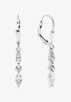 Sølv hængeøreringe med fire faldende klare ædelsten i rund, hjerte og marquise former.