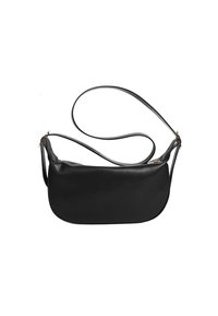 Borsa a spalla in pelle nera, forma curva, fondo piatto, tracolla regolabile, chiusura con zip e dettagli in hardware dorato. Texture liscia.