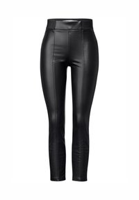 Svarta fejk-läderleggings med hög midja, som har vertikala sömmar och en slät textur, tätt sittande längs benen.