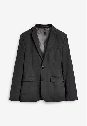 Blazer noir pour homme avec deux boutons, col cranté, poche poitrine et deux poches avant à rabat, présenté à plat sur fond blanc.