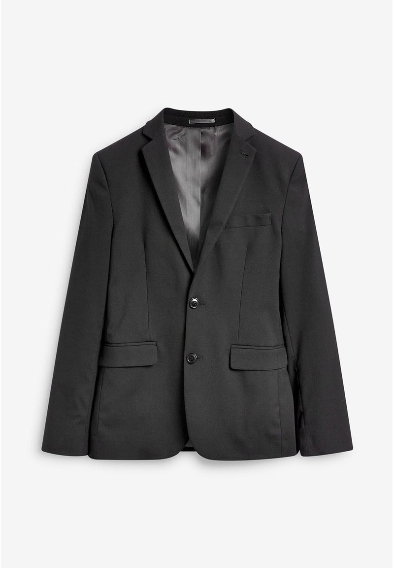Blazer noir pour homme avec deux boutons, col cranté, poche poitrine et deux poches avant à rabat, présenté à plat sur fond blanc.