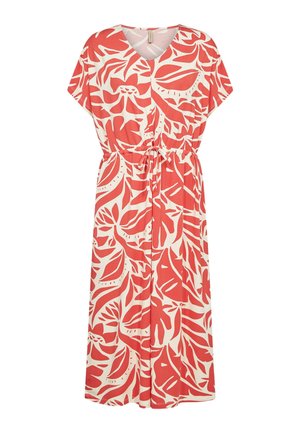 Midi dress with coral and white tropical leaf pattern, short sleeves, V-neck, and adjustable waist tie.