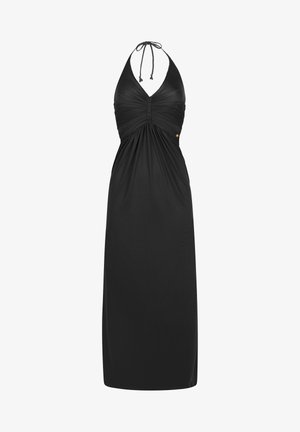 Black halter-neck dress with a gathered bodice and flowing skirt. Smooth fabric, pleated detailing, and a simple design. Bronze jewelry accent.