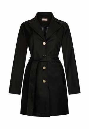 Schwarzer kniehoher Trenchcoat mit langen Ärmeln, weitem Kragen, drei goldenen Knöpfen vorne und einem passenden Stoffgürtel, der in der Taille gebunden ist.