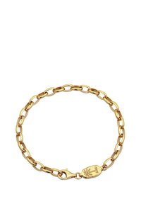 Goldene Kettenarmband mit ovalen Gliedern und einem Karabinerhaken. Mit einem eingeprägten Palmbaum auf dem Verschluss für zusätzliche Details.