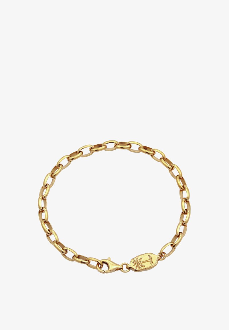 Goldene Kettenarmband mit ovalen Gliedern und einem Karabinerhaken. Mit einem eingeprägten Palmbaum auf dem Verschluss für zusätzliche Details.