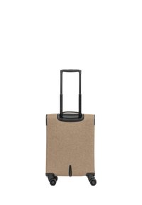 Valigia a rotelle in tessuto beige con superficie testurizzata, manico in plastica nera e quattro ruote per una facile mobilità.