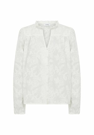 Bluza albă cu mâneci lungi, cu model de dantelă florală, guler mic cu volane, închidere cu nasturi în față și manșete adunate.