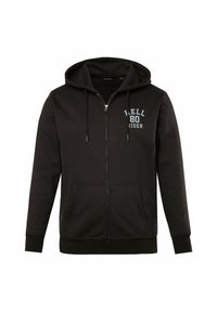 Felpa nera con zip, realizzata in misto cotone, con cappuccio, due tasche frontali e una grafica azzurro chiaro con la scritta "HELL 80 RIDER" sul petto.