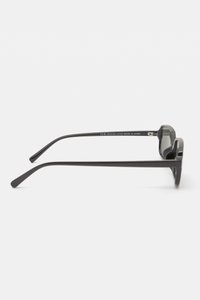Black sunglasses with a rectangular frame, made of plastic, featuring dark tinted lenses and slim, slightly curved arms.