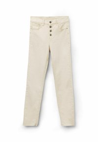 Jeans de mezclilla beige con un corte ajustado, diseño de cinco bolsillos y una bragueta de botones con cinco botones en tono plateado en la cintura.