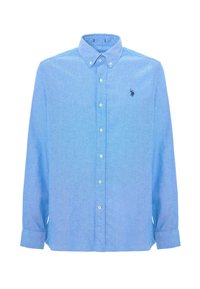 Camicia azzurro chiaro a maniche lunghe con bottoni in un morbido tessuto testurizzato. Caratterizzata da un colletto classico e un piccolo logo sul petto.