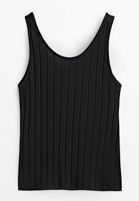 Débardeur noir sans manches avec texture côtelée verticale et encolure arrondie sur fond blanc.