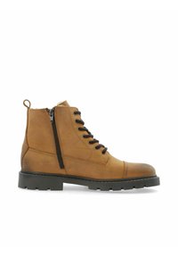 Braune Leder-Stiefelette mit Schnürung vorne, seitlichem Reißverschluss, robuster schwarzer Gummisohle und strukturiertem Finish.