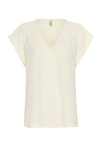 Top a maniche corte a V in tessuto crema con strisce e motivi testurizzati, caratterizzato da un design morbido e ampio. Materiale leggero e soffice.