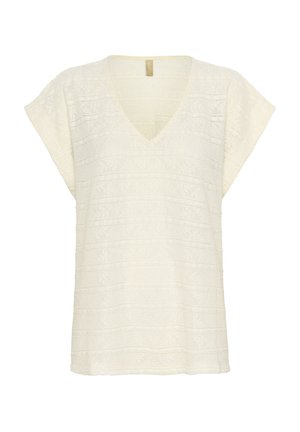 Top à manches courtes en V en tissu crème avec des rayures et motifs texturés, présentant un design ample. Matériau doux et léger.