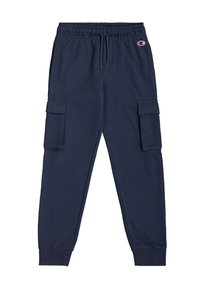 Marineblauwe joggingsbroek van zacht materiaal, met een elastische tailleband, twee zijzakken en cargostijl zijzakken.
