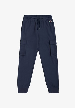 Marineblauwe joggingsbroek van zacht materiaal, met een elastische tailleband, twee zijzakken en cargostijl zijzakken.
