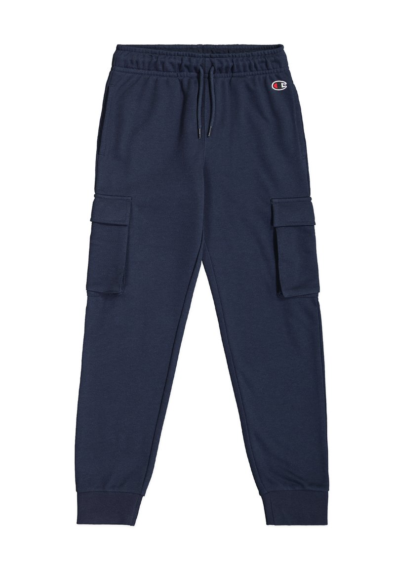 Marineblauwe joggingsbroek van zacht materiaal, met een elastische tailleband, twee zijzakken en cargostijl zijzakken.