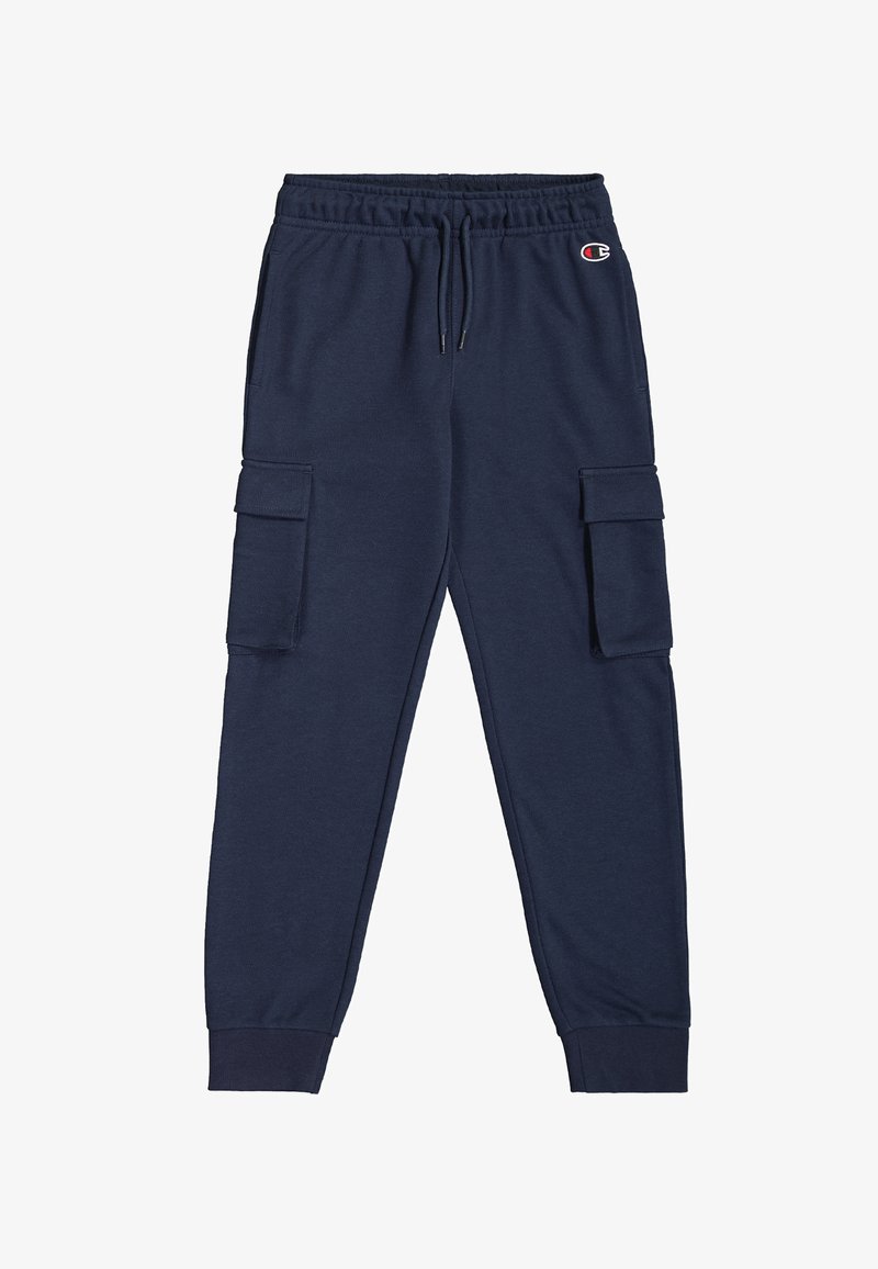 Marineblauwe joggingsbroek van zacht materiaal, met een elastische tailleband, twee zijzakken en cargostijl zijzakken.